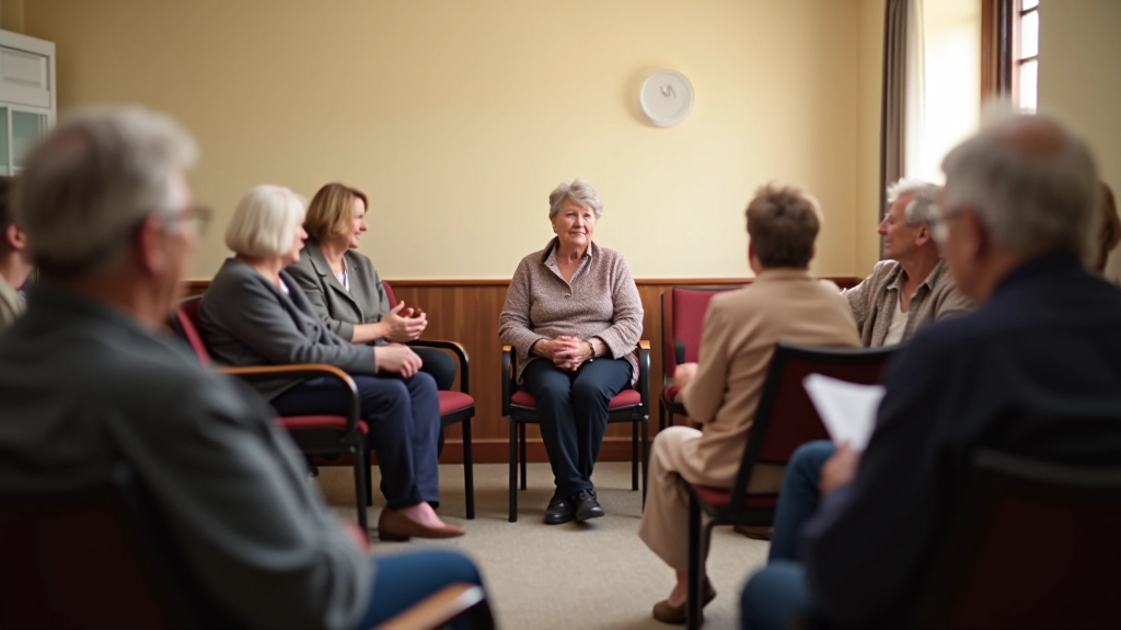 Community center interior with people sitting in a circle during a group discussion or workshop session