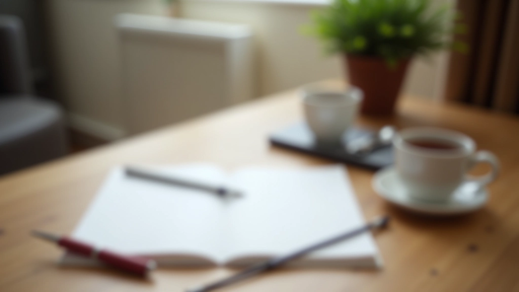 Notebook and pen on a wooden desk with a cup of tea, planning and journaling setup