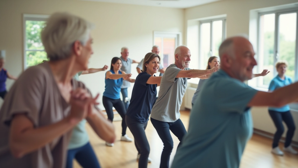 Group fitness class with older adults exercising in a bright studio