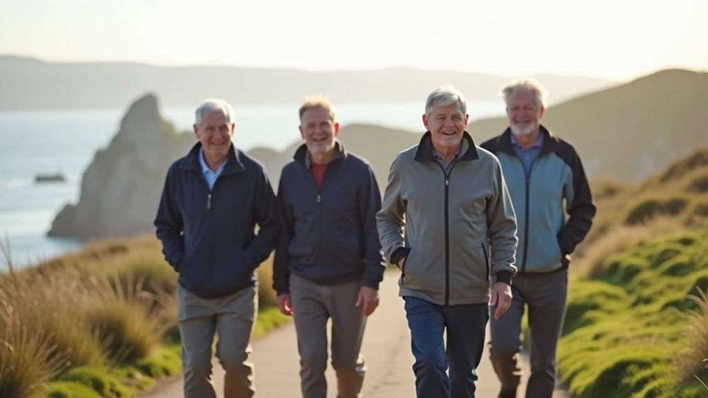 Group of seniors walking together on Galway waterfront promenade, coastal scenery, morning light, mixed ages, relaxed pace, natural community setting