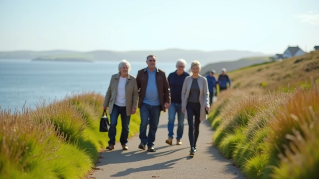 Group of adults walking together along the Wild Atlantic Way coastal path on a sunny day
