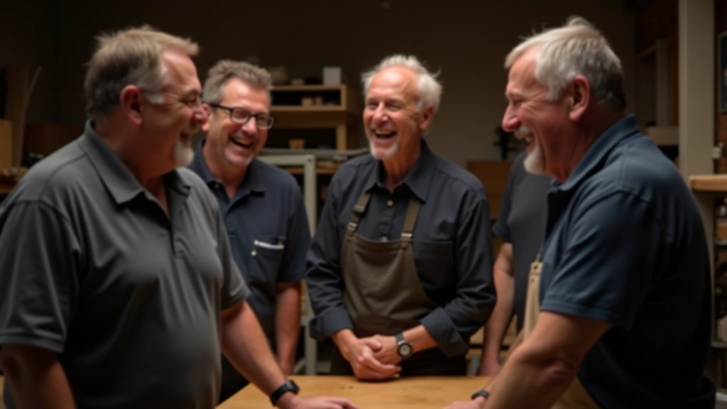 Group of men laughing together in a workshop, demonstrating camaraderie and community