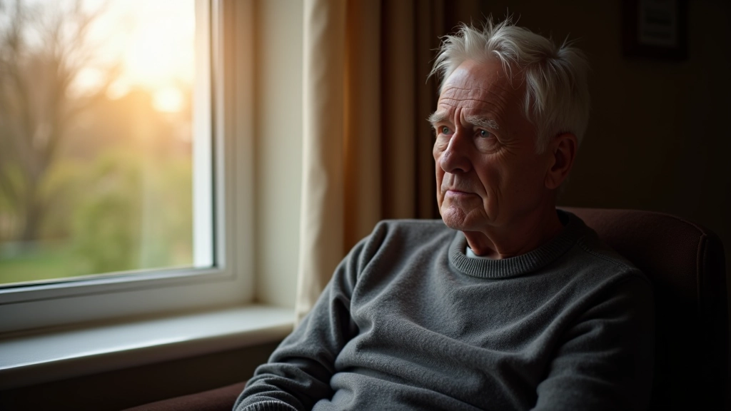 Older man sitting peacefully by a window with morning light, reflecting on life transition