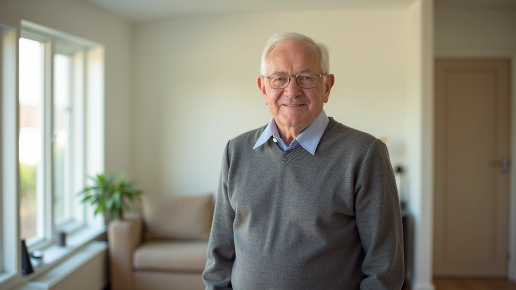 Mature adult standing confidently in a bright modern home interior