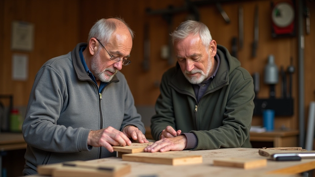Men working together in a woodworking workshop with tools and materials