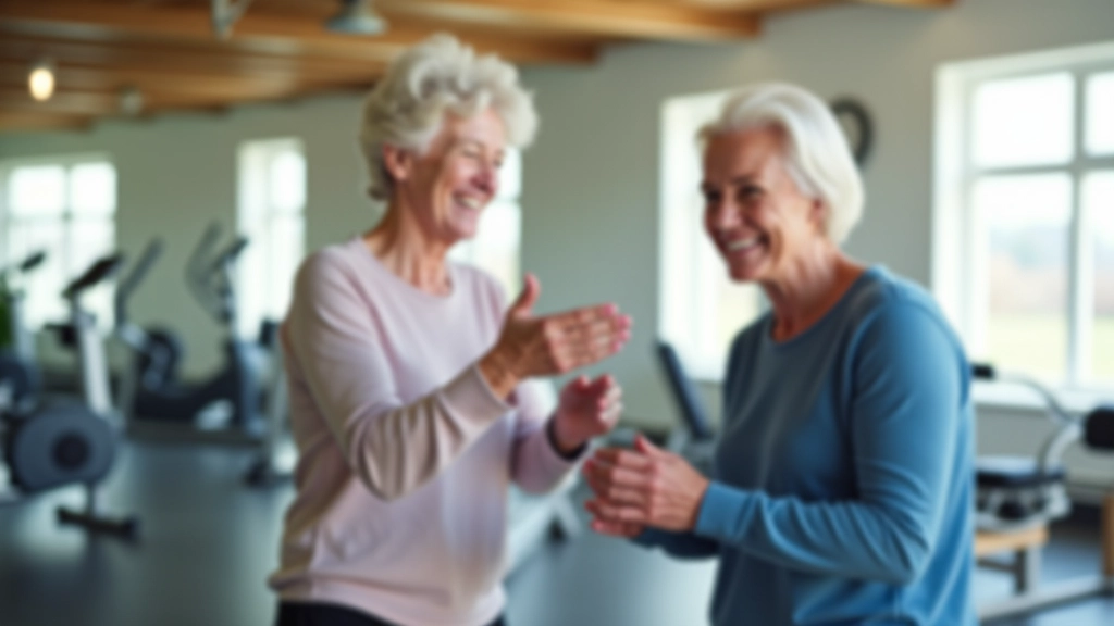Older adult exercising in a bright, modern fitness studio with supportive instructor
