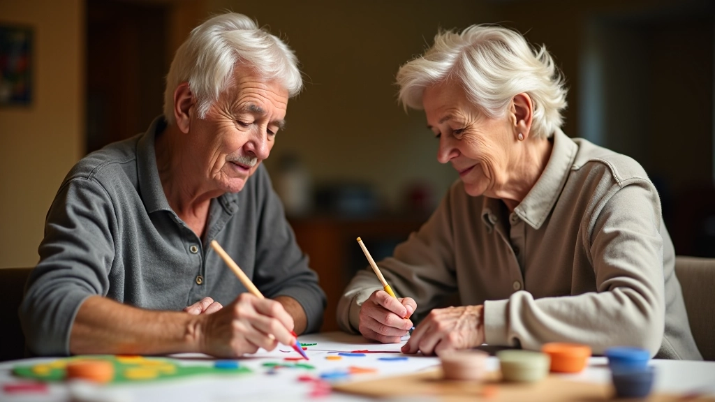 Mature adults working on a creative craft project together at a wooden table with art supplies