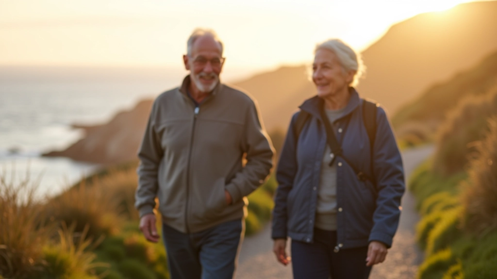 Small group of mature adults walking together on a sunny coastal path with ocean visible in background