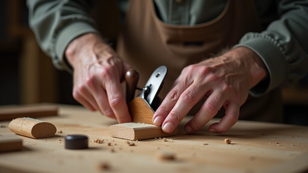 Close-up of hands working on a wood repair project with traditional hand tools