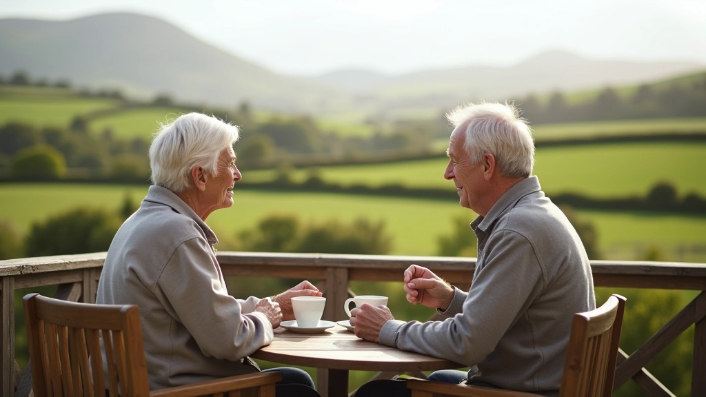 Retired couple enjoying morning coffee together on a peaceful terrace overlooking Irish countryside