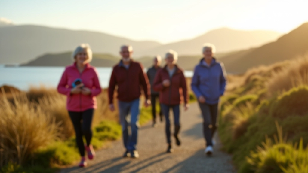 Senior adults participating in outdoor fitness group activity in Galway, group walking on coastal path, bright morning light, vibrant community engagement
