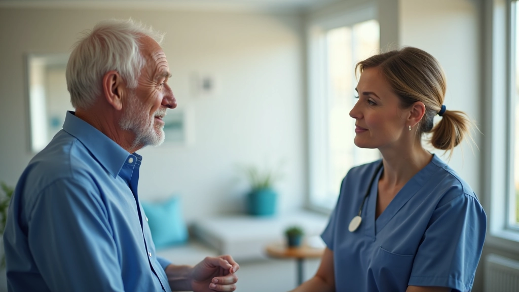 Senior man consulting with healthcare professional in bright, modern medical clinic, professional medical setting, both smiling, health discussion in progress