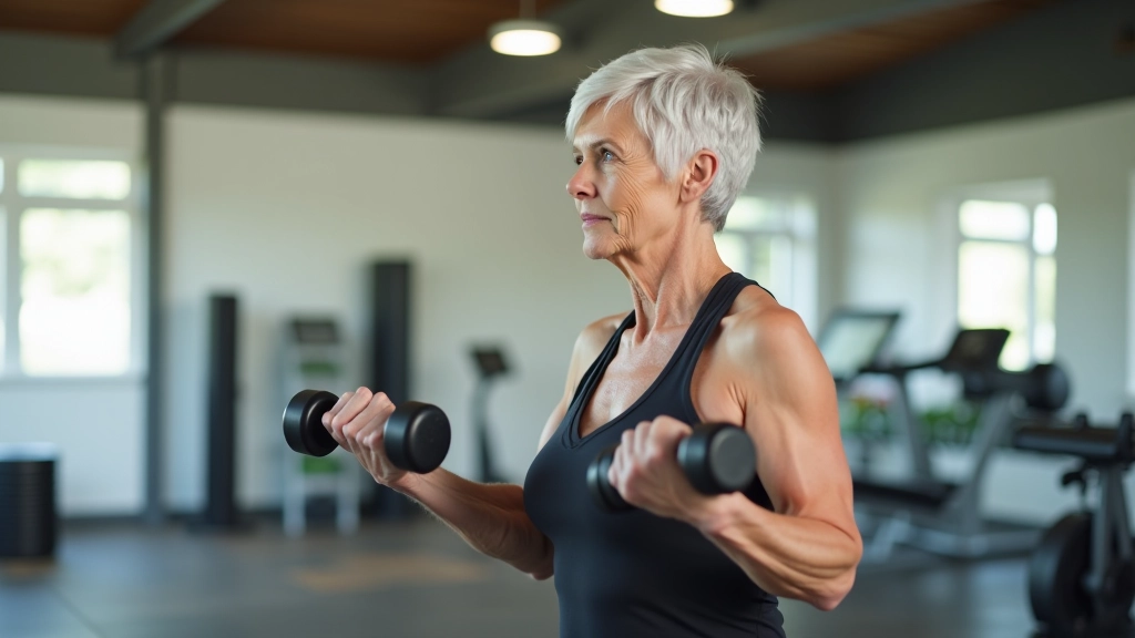 Senior woman performing light dumbbell exercise with proper form, bright gym setting, trainer visible in background, focused and confident expression