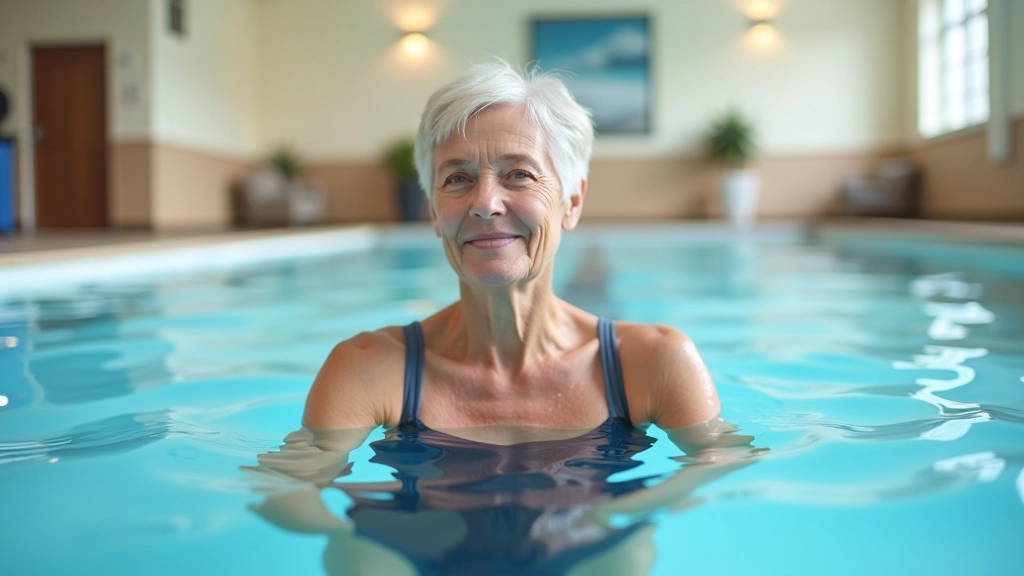 Senior woman in swimming pool doing water aerobics with instructor, indoor leisure center, clear water, smiling and engaged, low-impact exercise setting