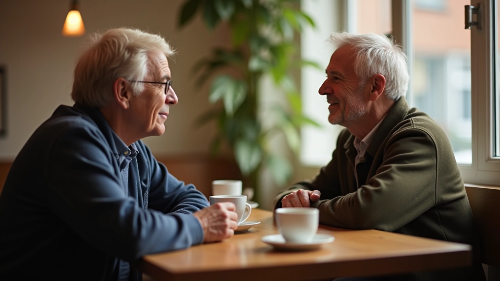 Two people having a meaningful conversation over coffee in a bright cafe setting