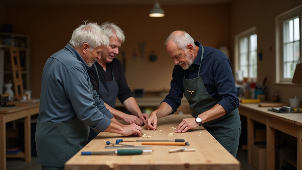 Workshop space with tools and wood, people working on a project together
